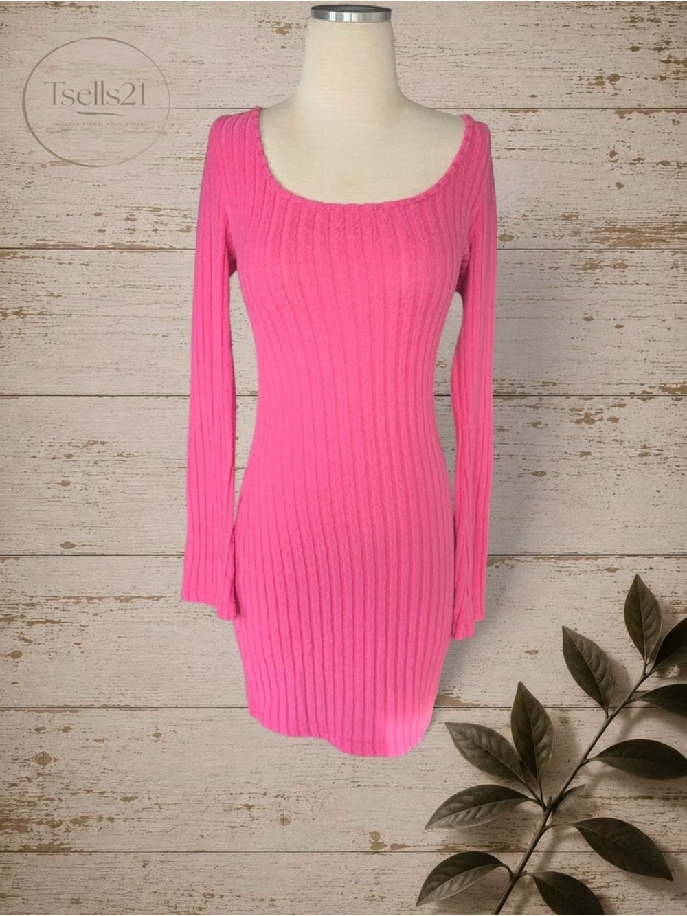 SHEIN Hot Pink Ribbed Knit Long Bell Sleeve Mini Dress - Size L